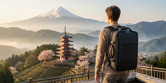 Voyageur avec un sac à dos face au mont Fuji et une pagode japonaise au lever du soleil