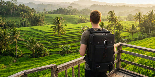 Voyageur avec un sac à dos face aux rizières en terrasses de Bali au coucher du soleil