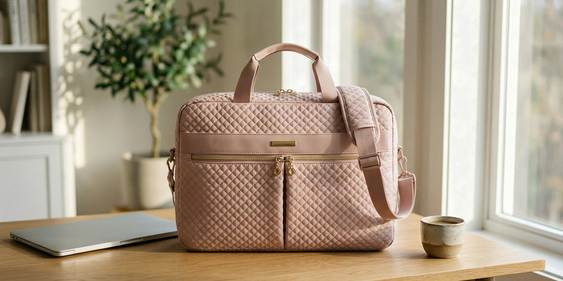 Sac ordinateur femme rose matelassé posé sur un bureau lumineux à côté d'un ordinateur portable