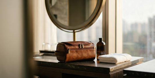Trousse de toilette homme en simili cuir marron posée sur le comptoir d'une salle de bain d'hôtel