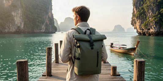 Voyageur avec un sac à dos imperméable face à une baie de Thaïlande et ses falaises karstiques
