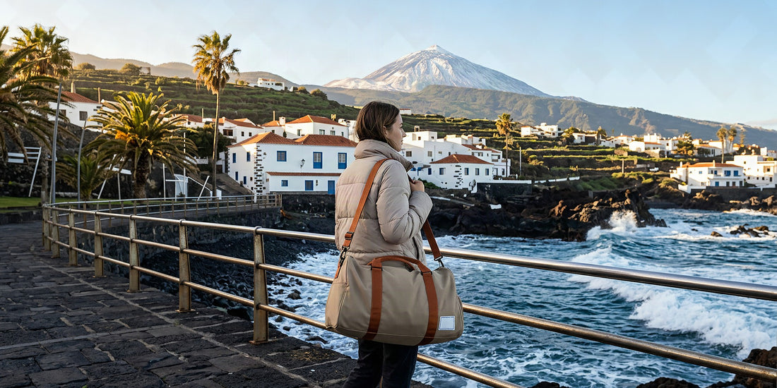 Voyageur avec un sac week-end sur une promenade de Tenerife sous le soleil d'hiver, le Teide enneigé au loin