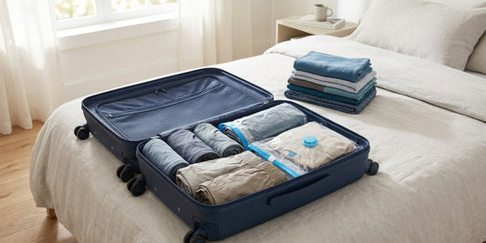 Sac de compression voyage : vêtements roulés et sacs de compression dans une valise cabine