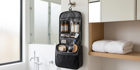 Trousse de toilette de voyage à suspendre, ouverte et organisée