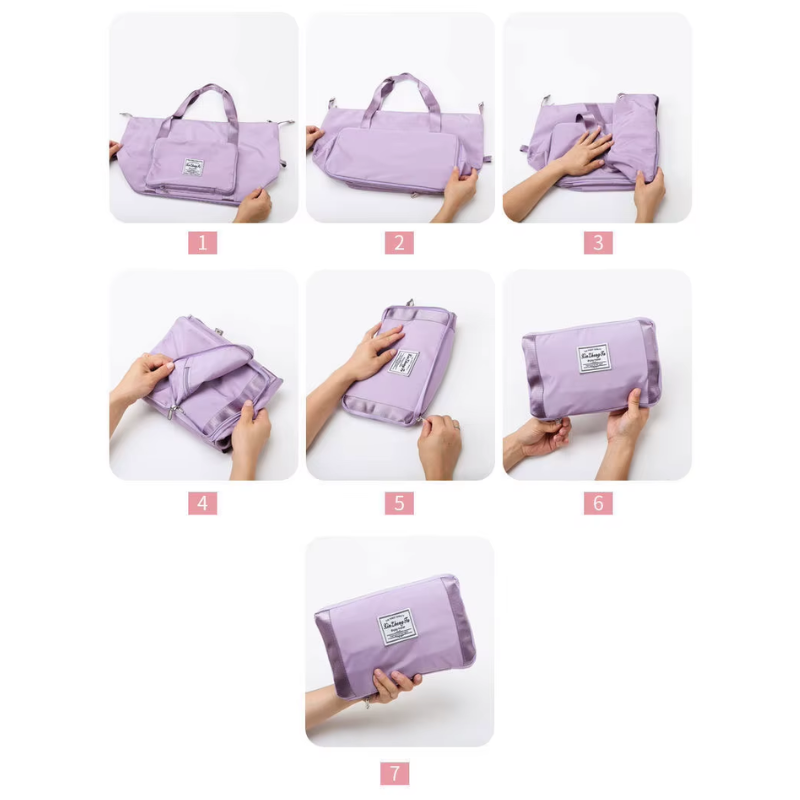 Grand Sac à Main Voyage Femme pliable mauve lilas, étapes de pliage compact