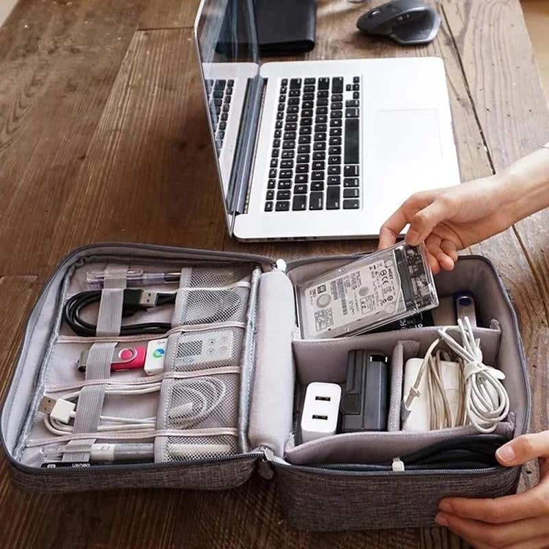MyGadget Pochette Organisateur De Câbles Universel Gris - Sac De Rangement Double Couche 25,9 X 19,5 X 8,5 Cm Pour Chargeurs, Tablettes & Accessoires Électroniques